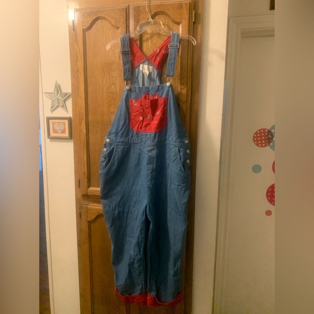 Mandal Bay Blue Denim Overalls with Red Bandana Accents - XL